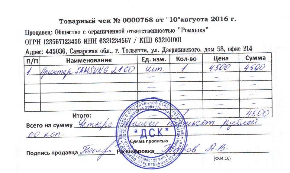 Расшифровка кассовых чеков